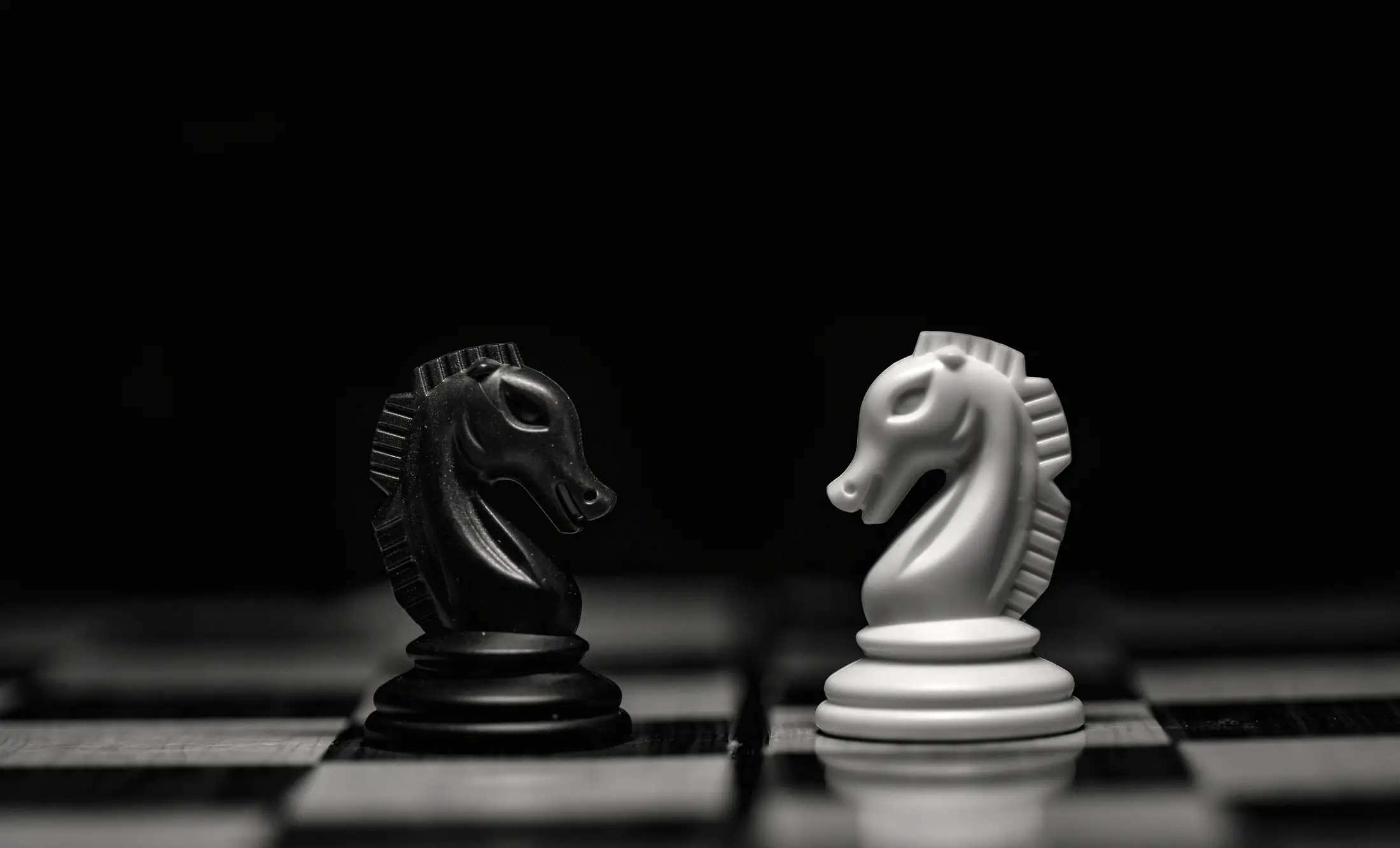 A black and a white chess knight facing each other