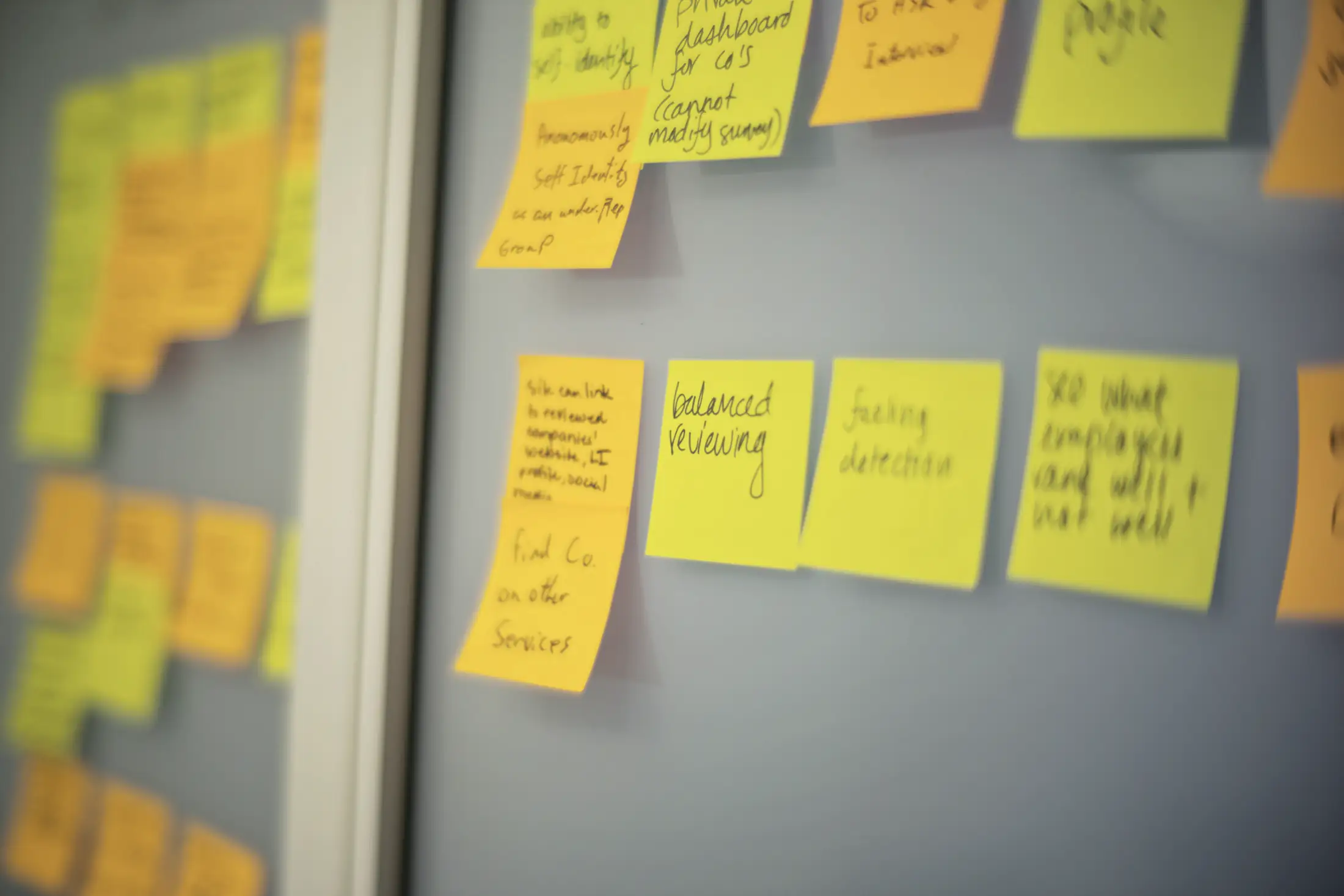 A wall of handwritten sticky notes from a working session