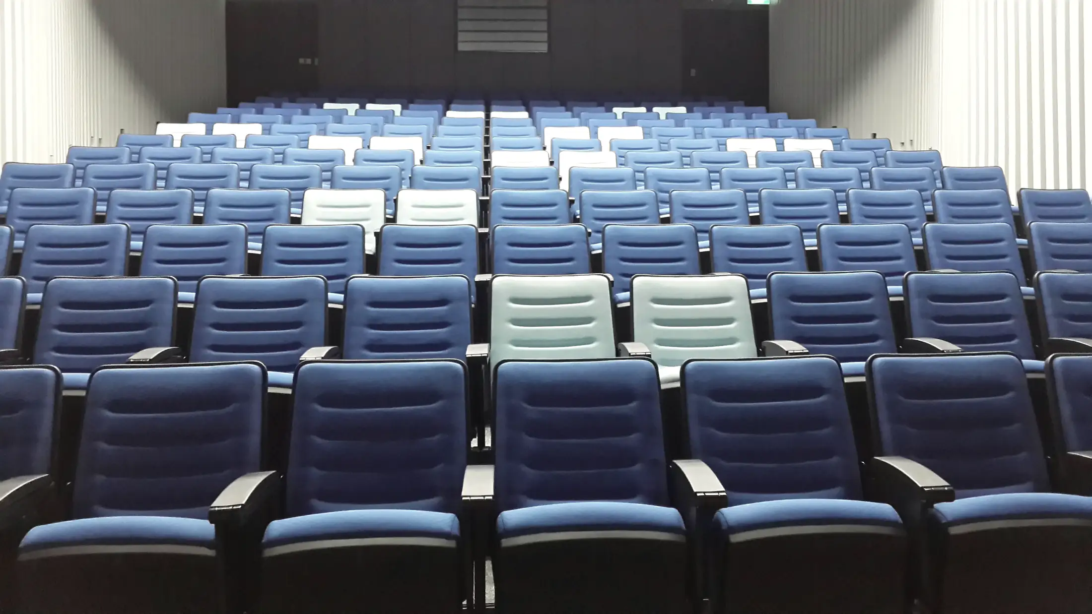 An empty training room with rows of blue seats